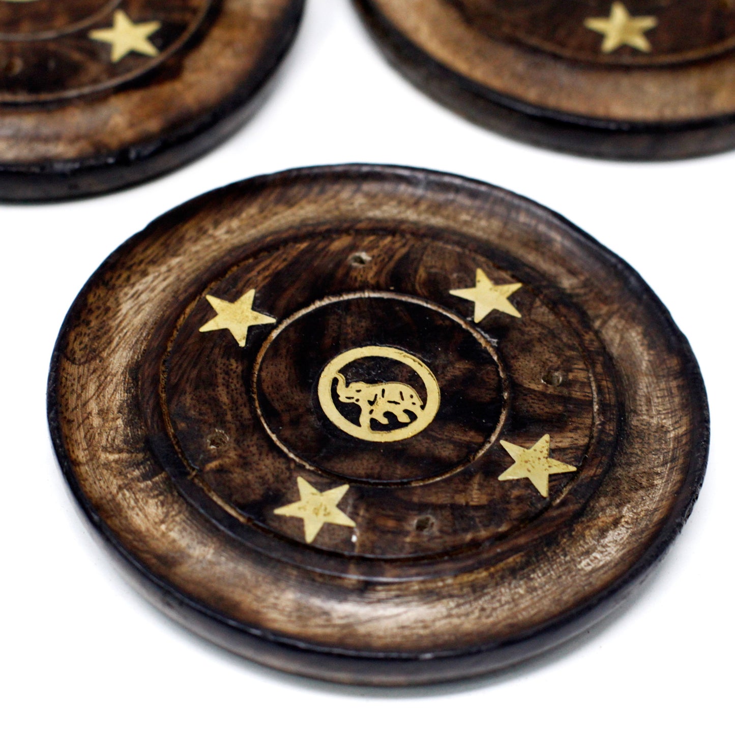Mango Wood Incense Holder Disc – Assorted Designs | Handmade Cone & Stick Burner with Gold Detailing