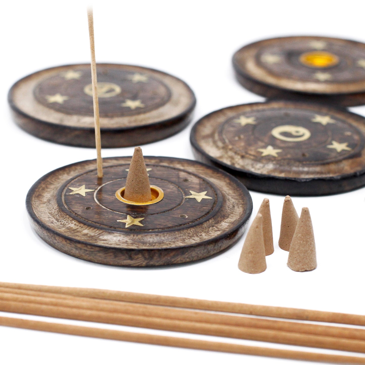 Mango Wood Incense Holder Disc – Assorted Designs | Handmade Cone & Stick Burner with Gold Detailing