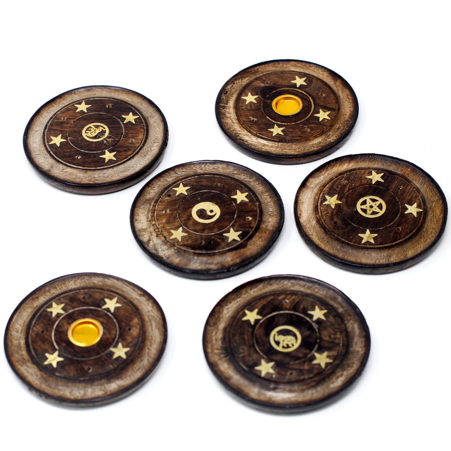 Mango Wood Incense Holder Disc – Assorted Designs | Handmade Cone & Stick Burner with Gold Detailing