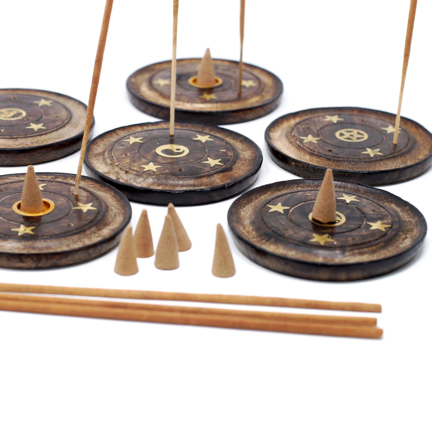 Mango Wood Incense Holder Disc – Assorted Designs | Handmade Cone & Stick Burner with Gold Detailing