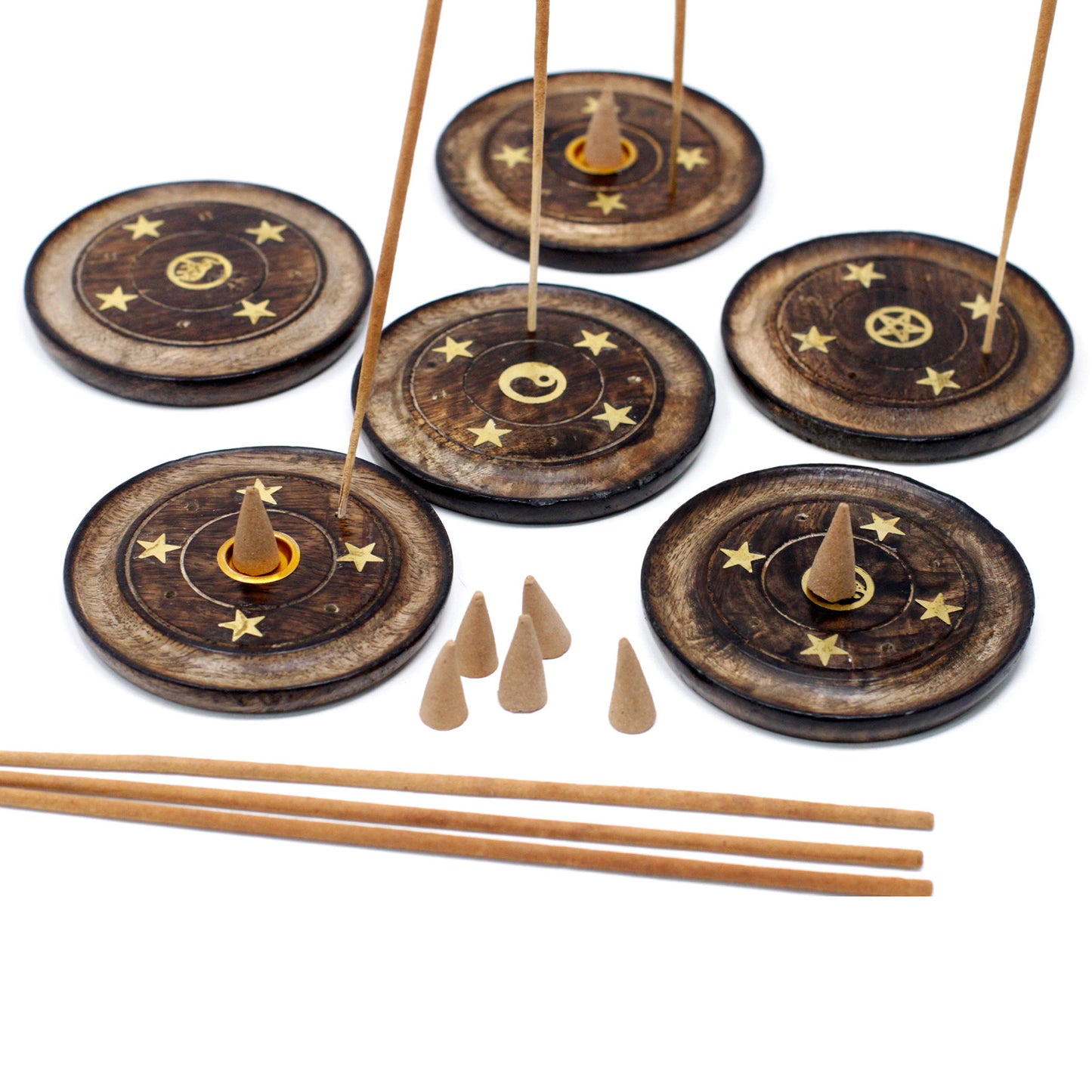 Mango Wood Incense Holder Disc – Assorted Designs | Handmade Cone & Stick Burner with Gold Detailing