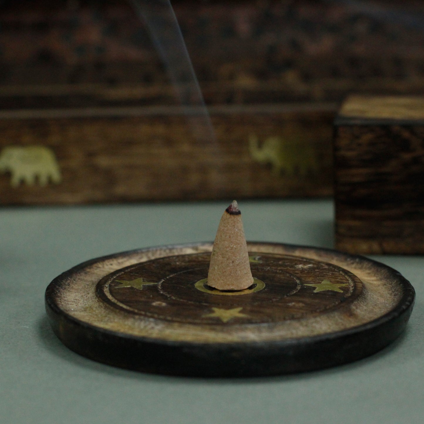 Mango Wood Incense Holder Disc – Assorted Designs | Handmade Cone & Stick Burner with Gold Detailing