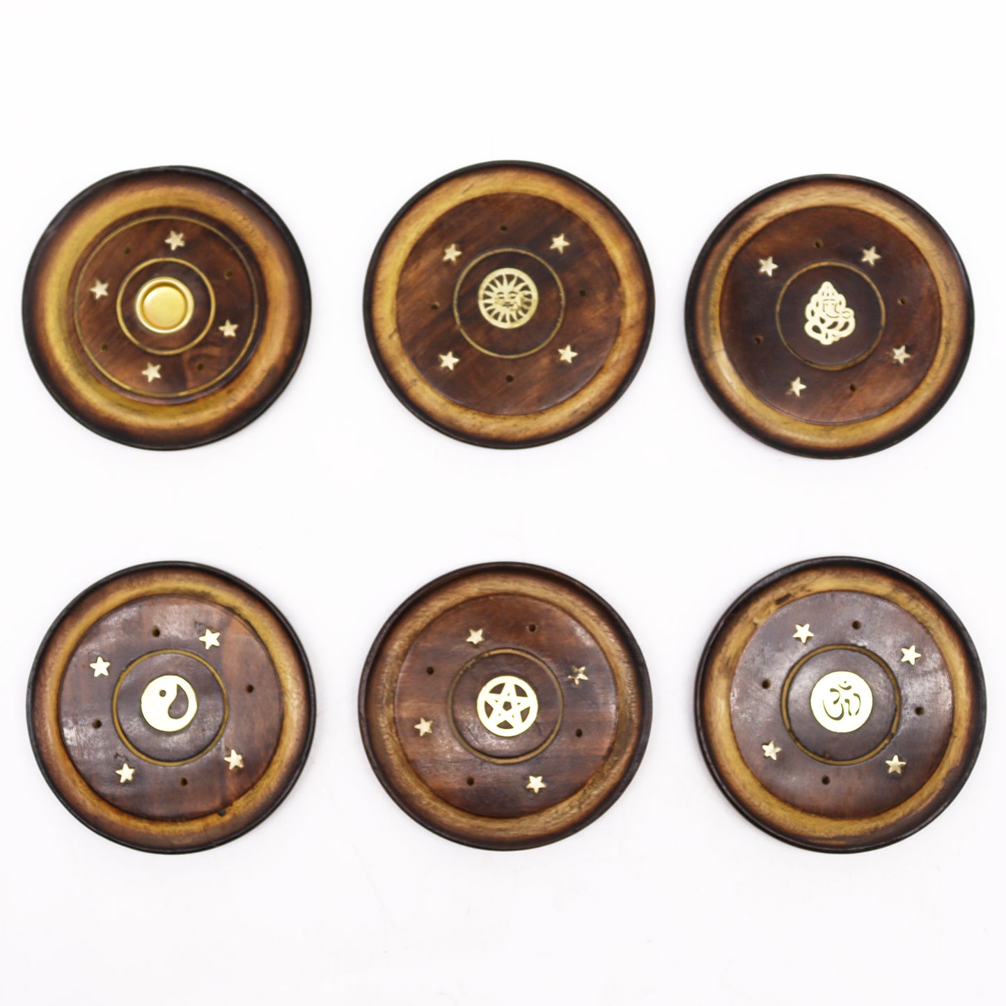 Mango Wood Incense Holder Disc – Assorted Designs | Handmade Cone & Stick Burner with Gold Detailing