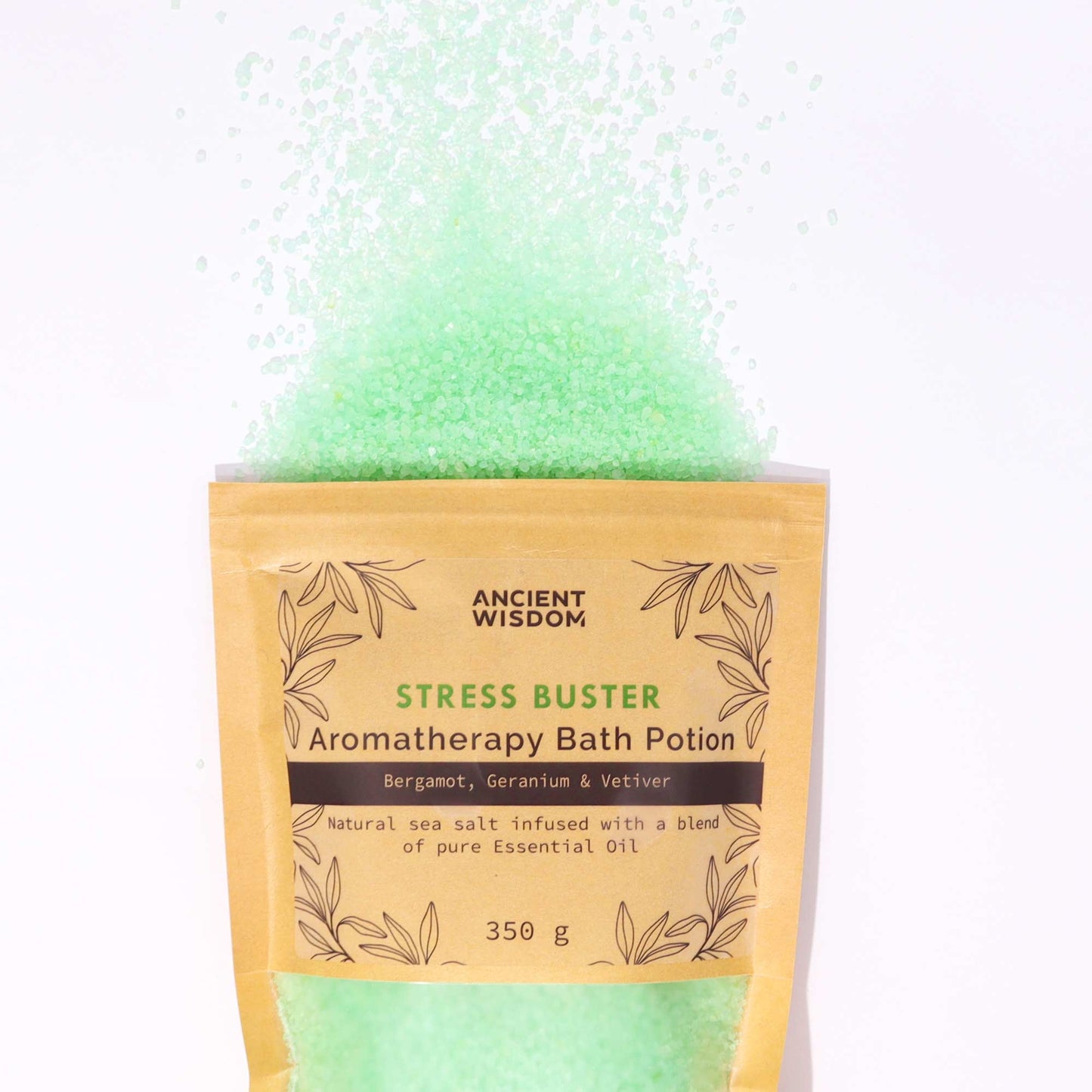Stress Buster Aromatherapy Bath Potion – 350g | Bergamot, Geranium & Vetiver Essential Oils in Natural Sea Salt