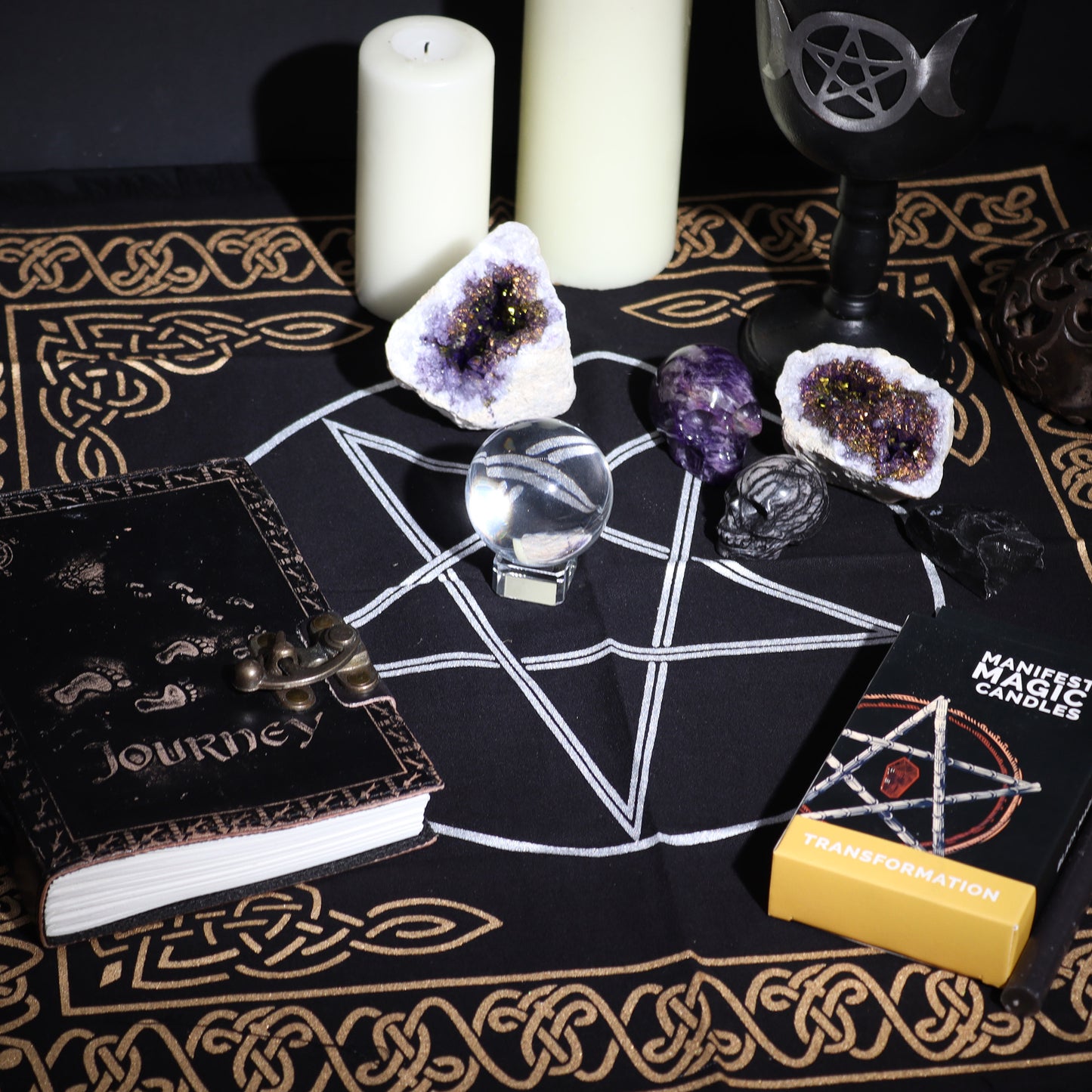 Fringed Black Altar Cloth – Pentagon Design | Cotton Cloth for Ritual & Altar Use