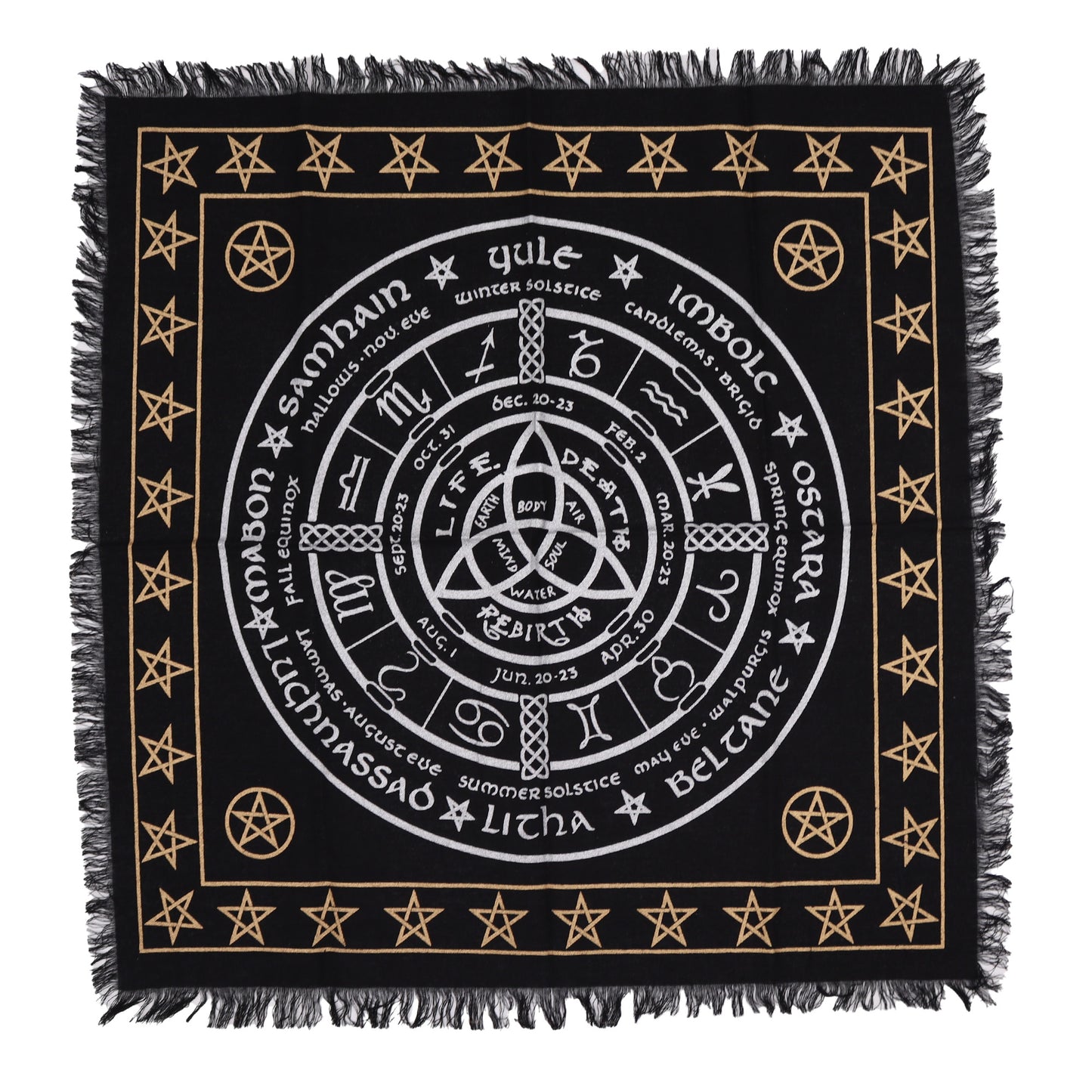 Fringed Black Altar Cloth – Life, Death & Rebirth Design | Cotton Cloth for Ritual & Altar Use