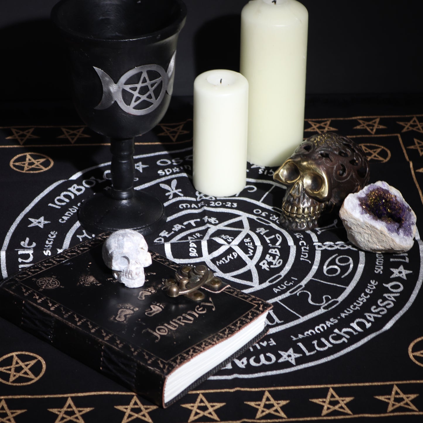 Fringed Black Altar Cloth – Life, Death & Rebirth Design | Cotton Cloth for Ritual & Altar Use