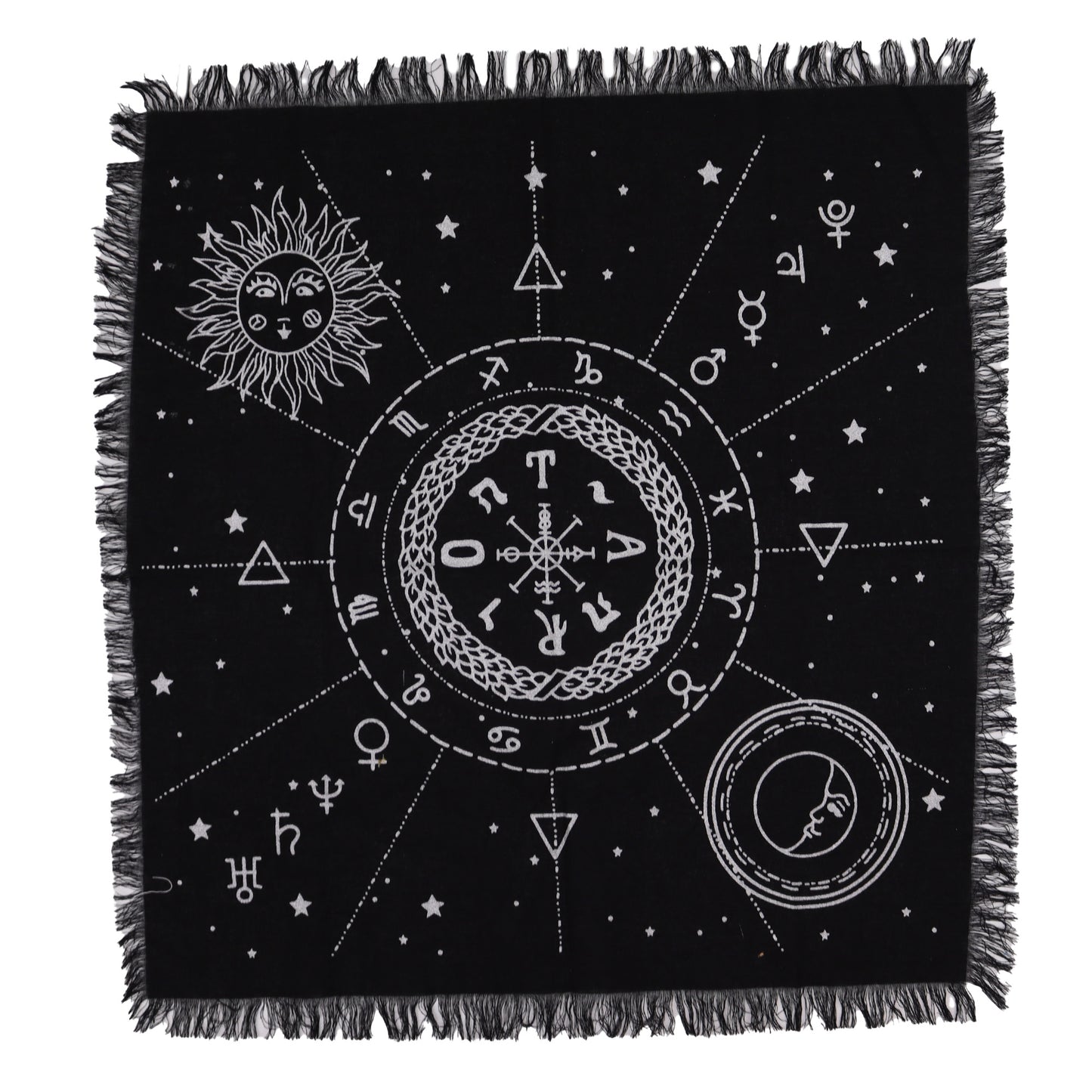 Fringed Black Altar Cloth – Moon & Sun Chart Design | Cotton Cloth for Ritual & Altar Use