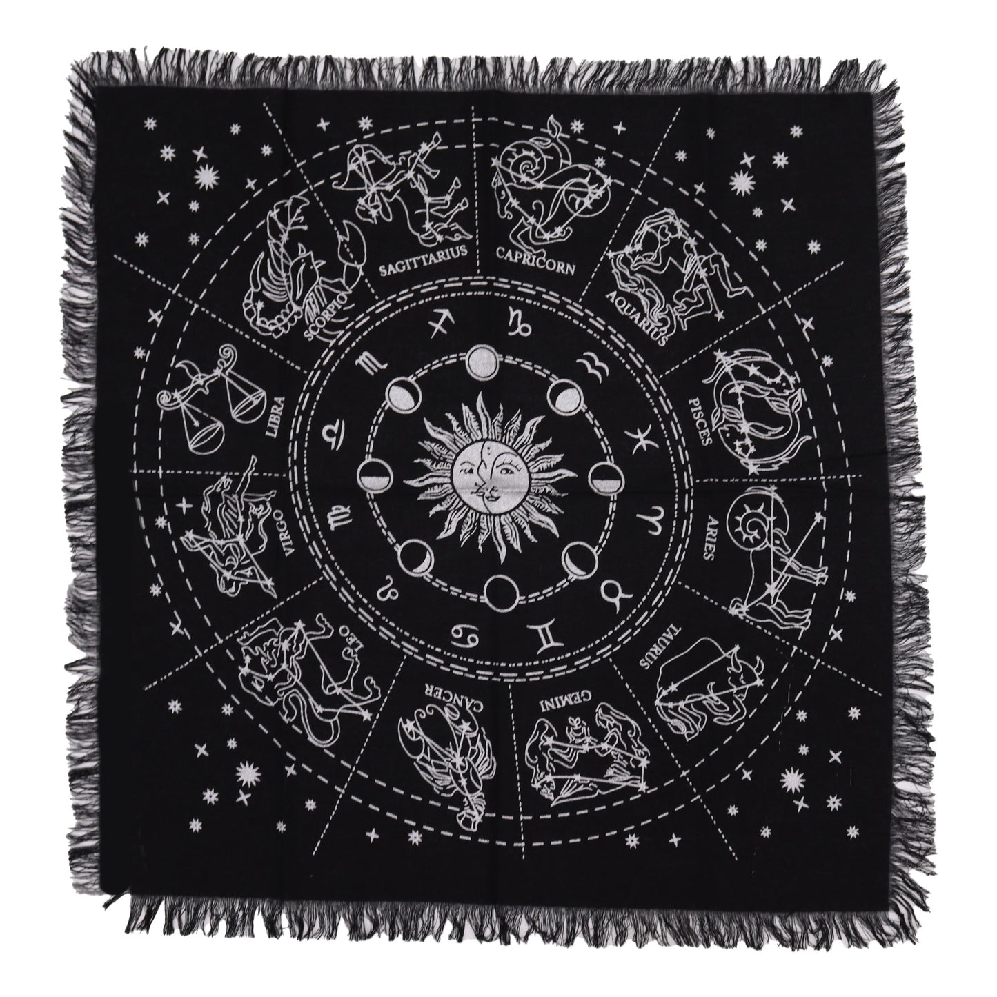 Fringed Black Altar Cloth – Horoscope Design | Cotton Cloth for Ritual & Altar Use