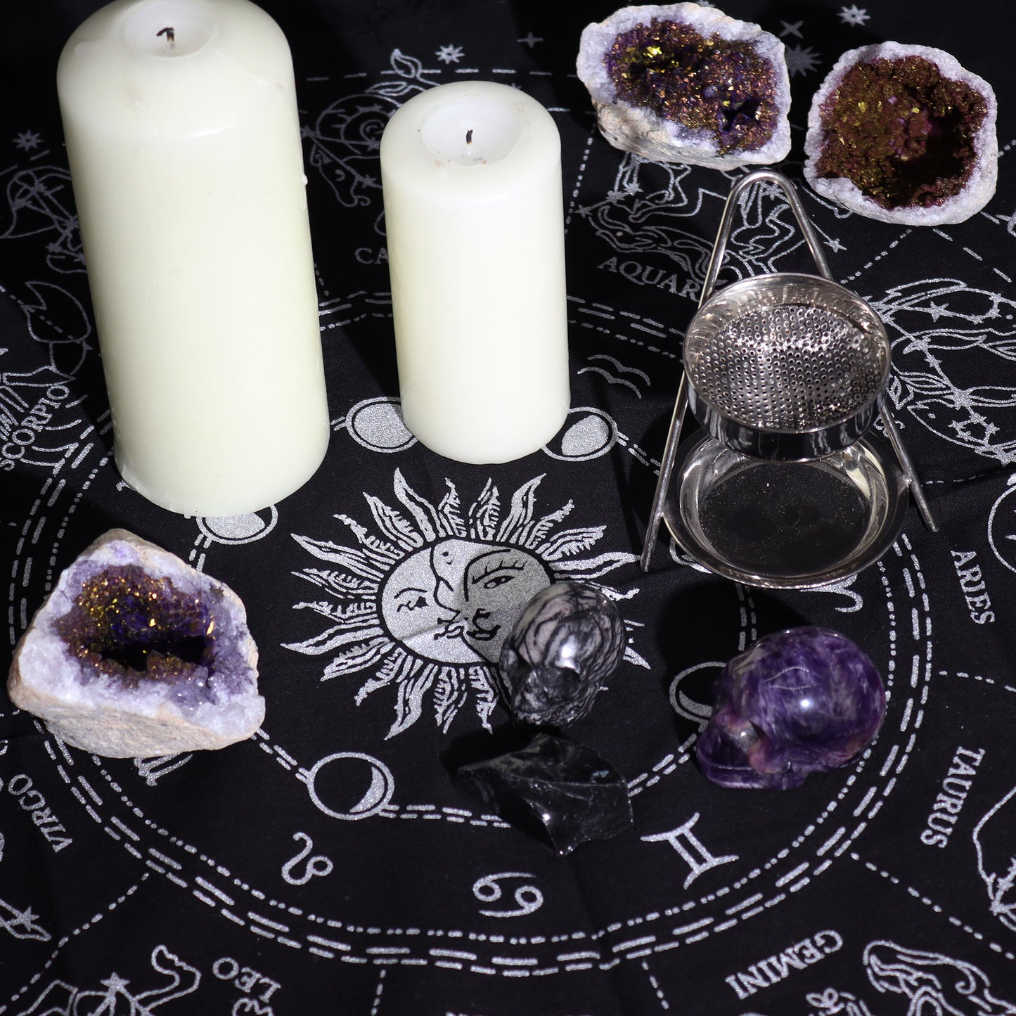 Fringed Black Altar Cloth – Horoscope Design | Cotton Cloth for Ritual & Altar Use