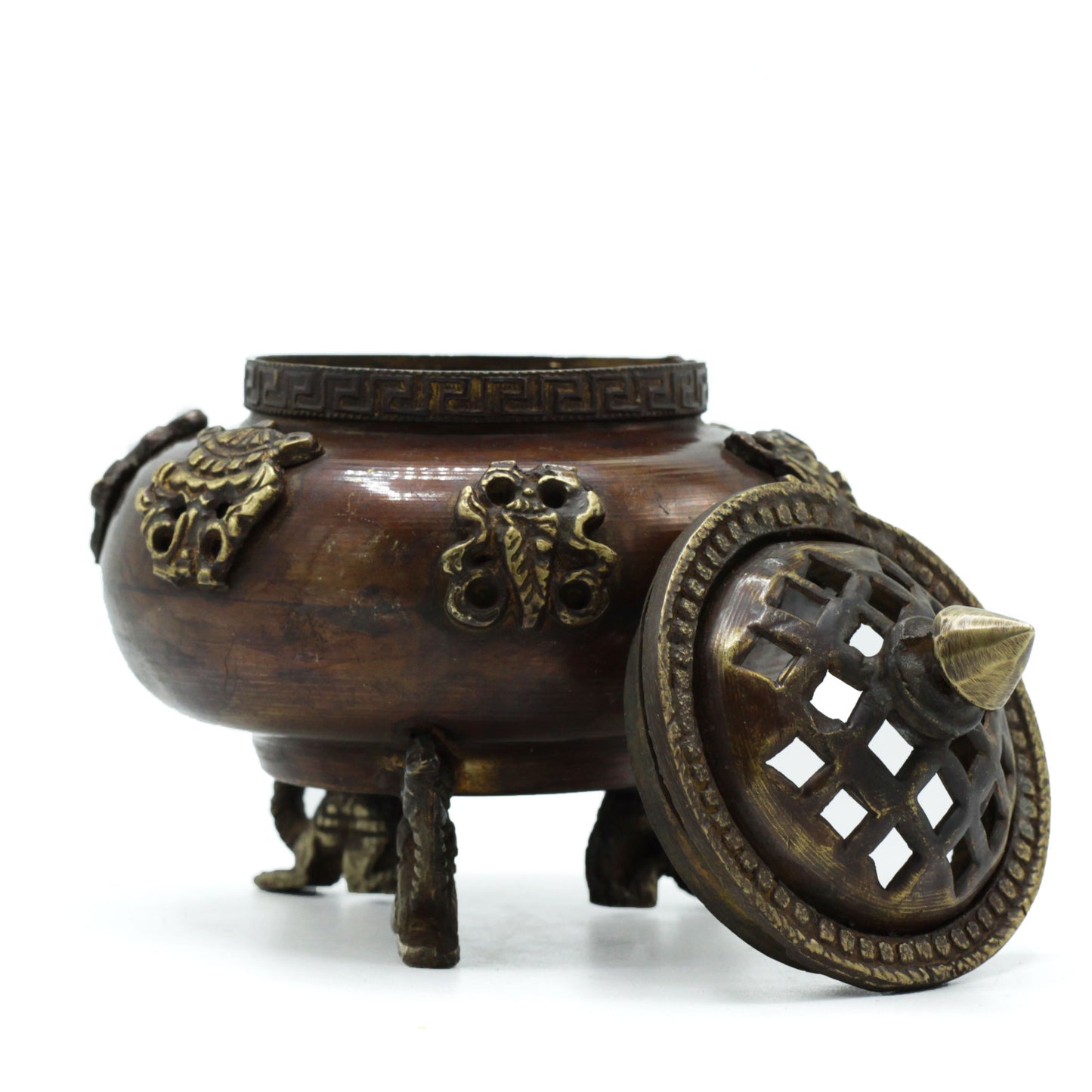 Brass Tibetan Incense Burner – Six Symbols Standing Pot | Cultural Symbolism & Elegance