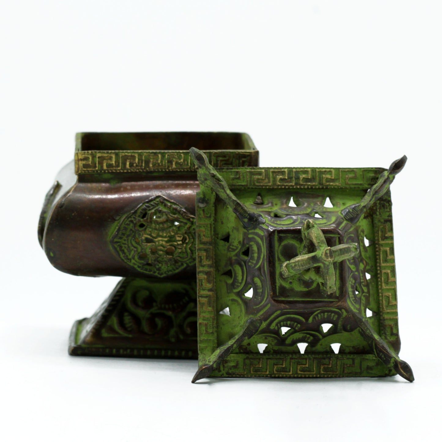 Brass Verdigris Tibetan Incense Burner – Four Symbol Square Standing Pot | Celestial Protection