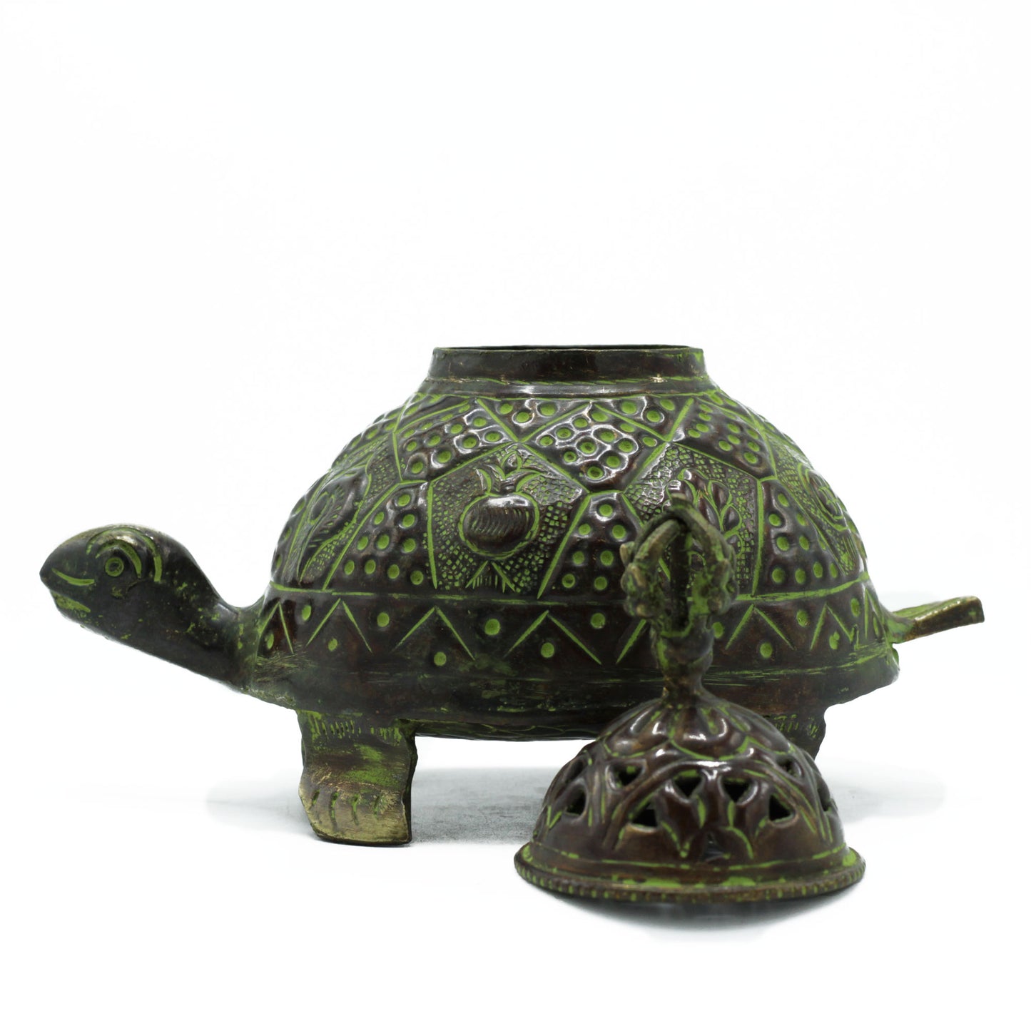 Brass Verdigris Tibetan Incense Burner – Large Tortoise Pot | Symbol of Longevity