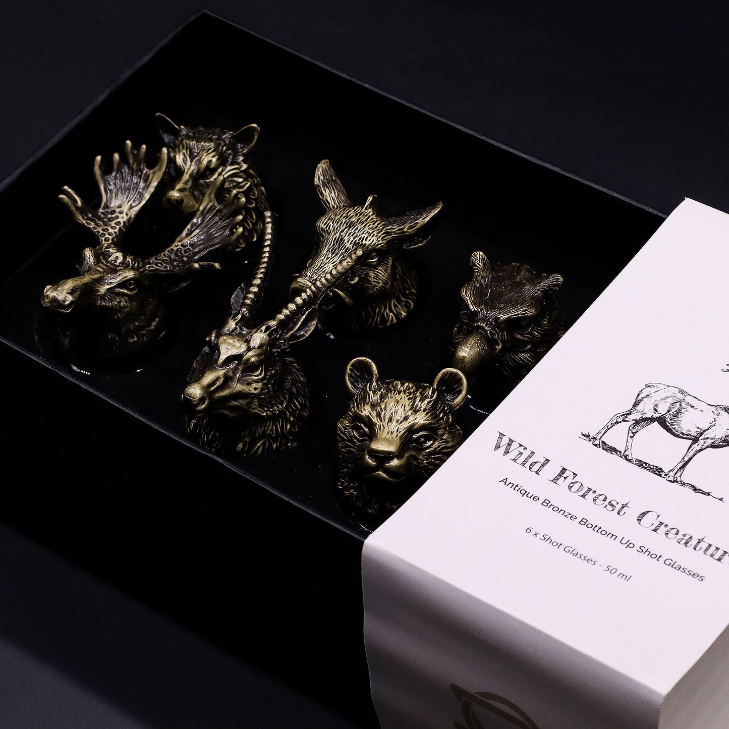 Wild Forest Creatures Bottom Up Shot Glasses – 50ml x Set of 6 | Antique Bronze
