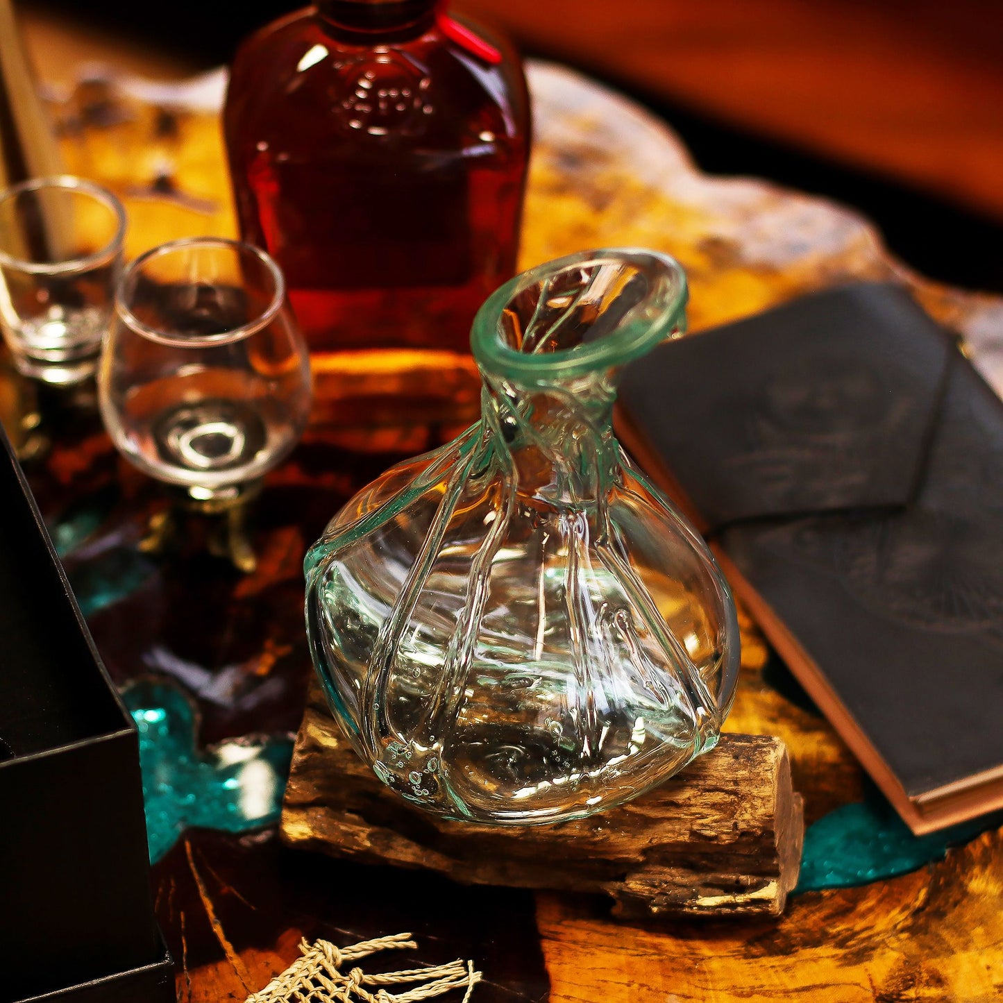 Molten Glass Decanter on Wood – Fancy Mini | Handcrafted Recycled Glass & Gamal Wood