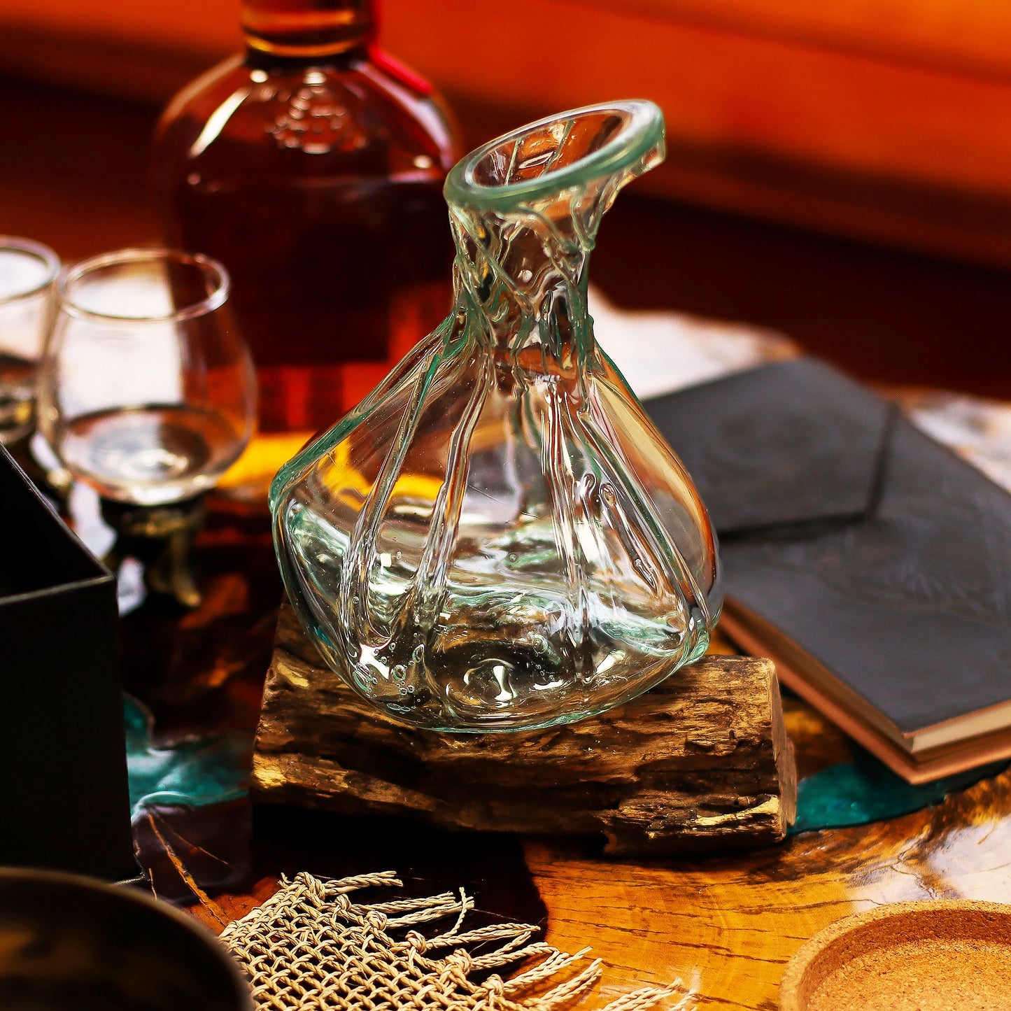 Molten Glass Decanter on Wood – Fancy Mini | Handcrafted Recycled Glass & Gamal Wood