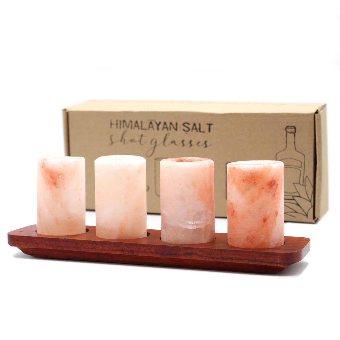 Himalayan Salt Shot Glasses – Set of 4 | With Wooden Serving Stand