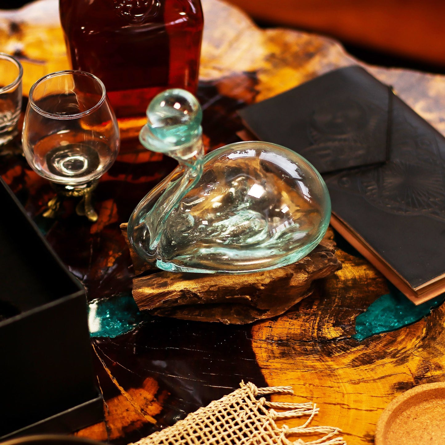 Molten Glass Decanter on Wood – Duck Decanter with Stopper | Handcrafted Recycled Glass & Reclaimed Gamal Wood