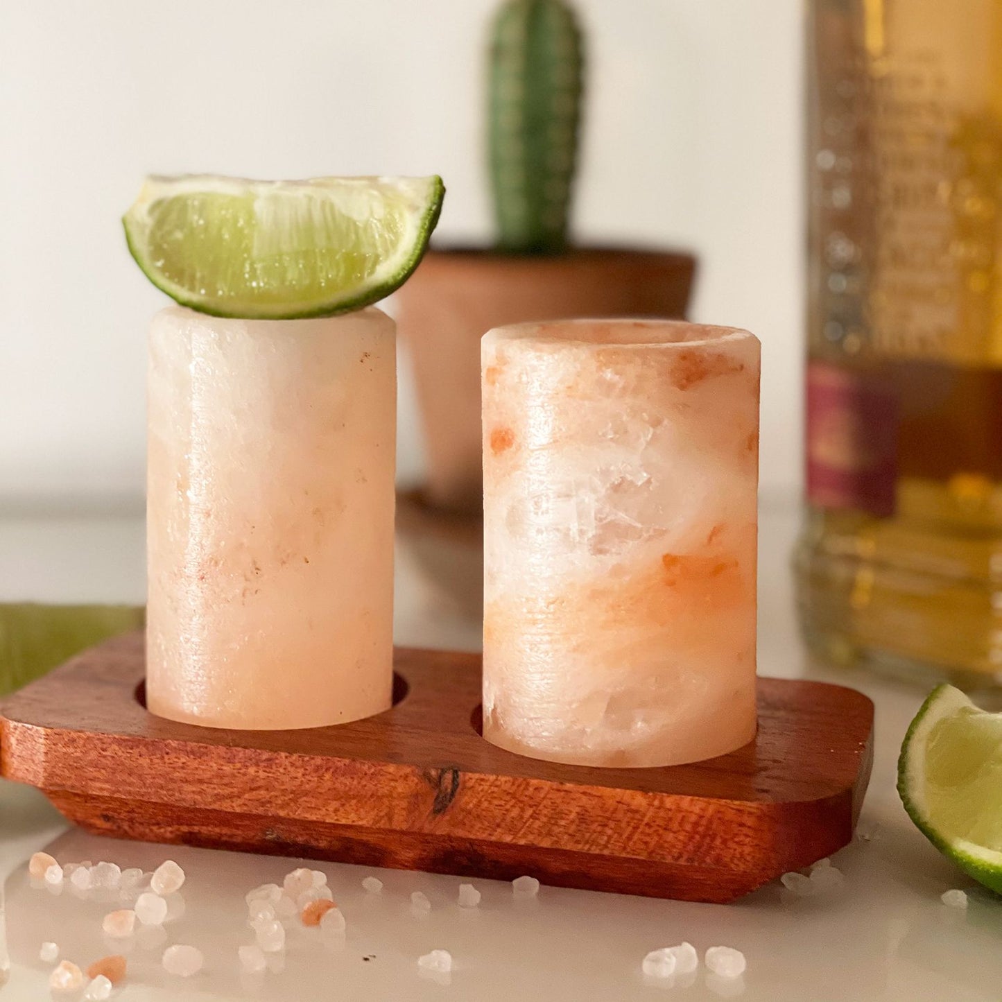 Himalayan Salt Shot Glasses – Set of 2 | With Wooden Serving Stand