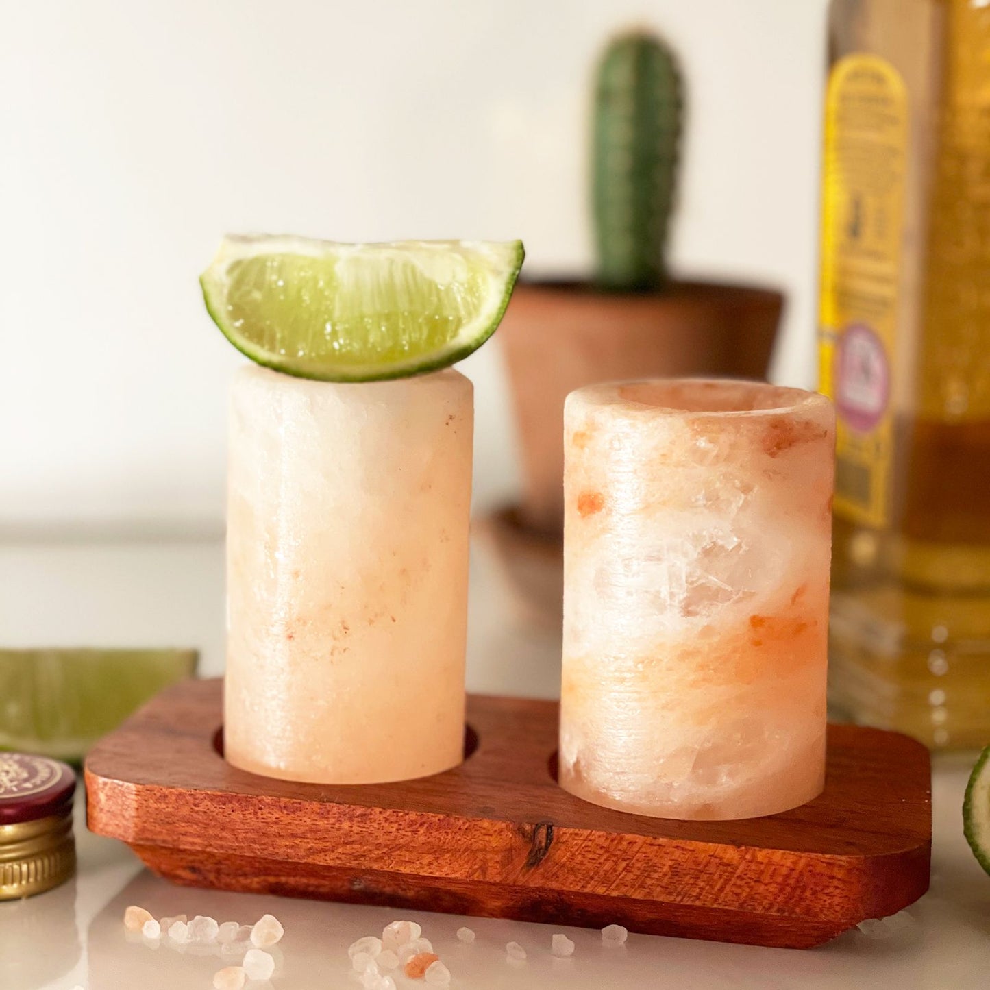 Himalayan Salt Shot Glasses – Set of 2 | With Wooden Serving Stand