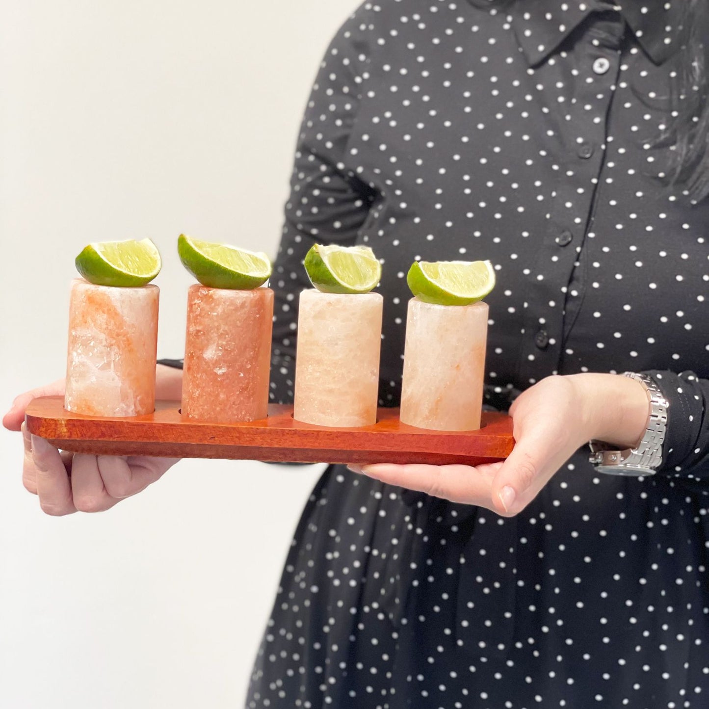Himalayan Salt Shot Glasses – Set of 4 | With Wooden Serving Stand