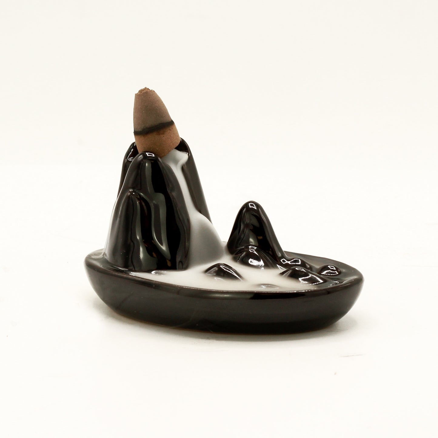 Black Ceramic Backflow Incense Burner – Mini Mountain | Hand-Painted Smoke Cascade