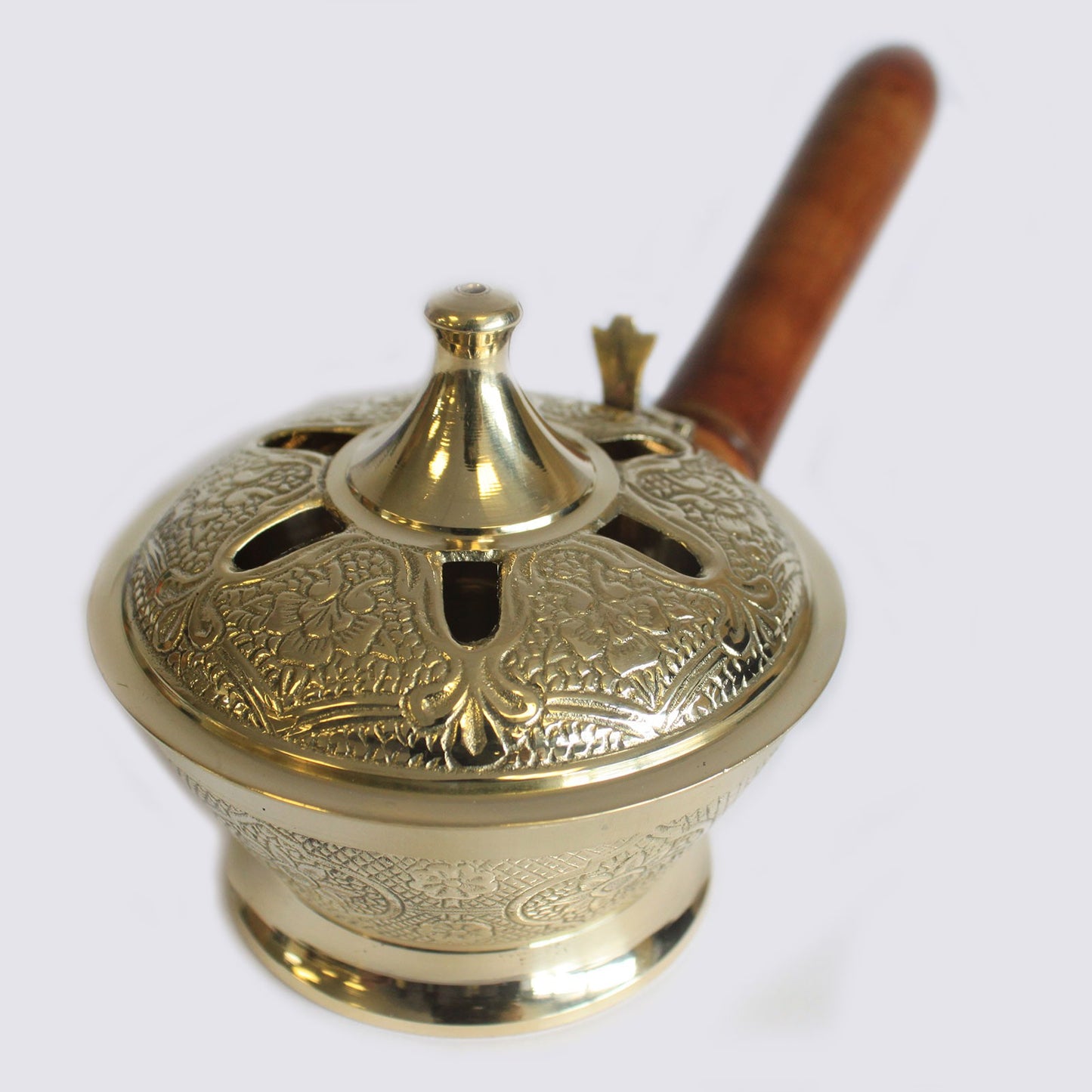 Brass Censer with Wooden Handle – Ornate | Solid Polished Brass Incense Burner