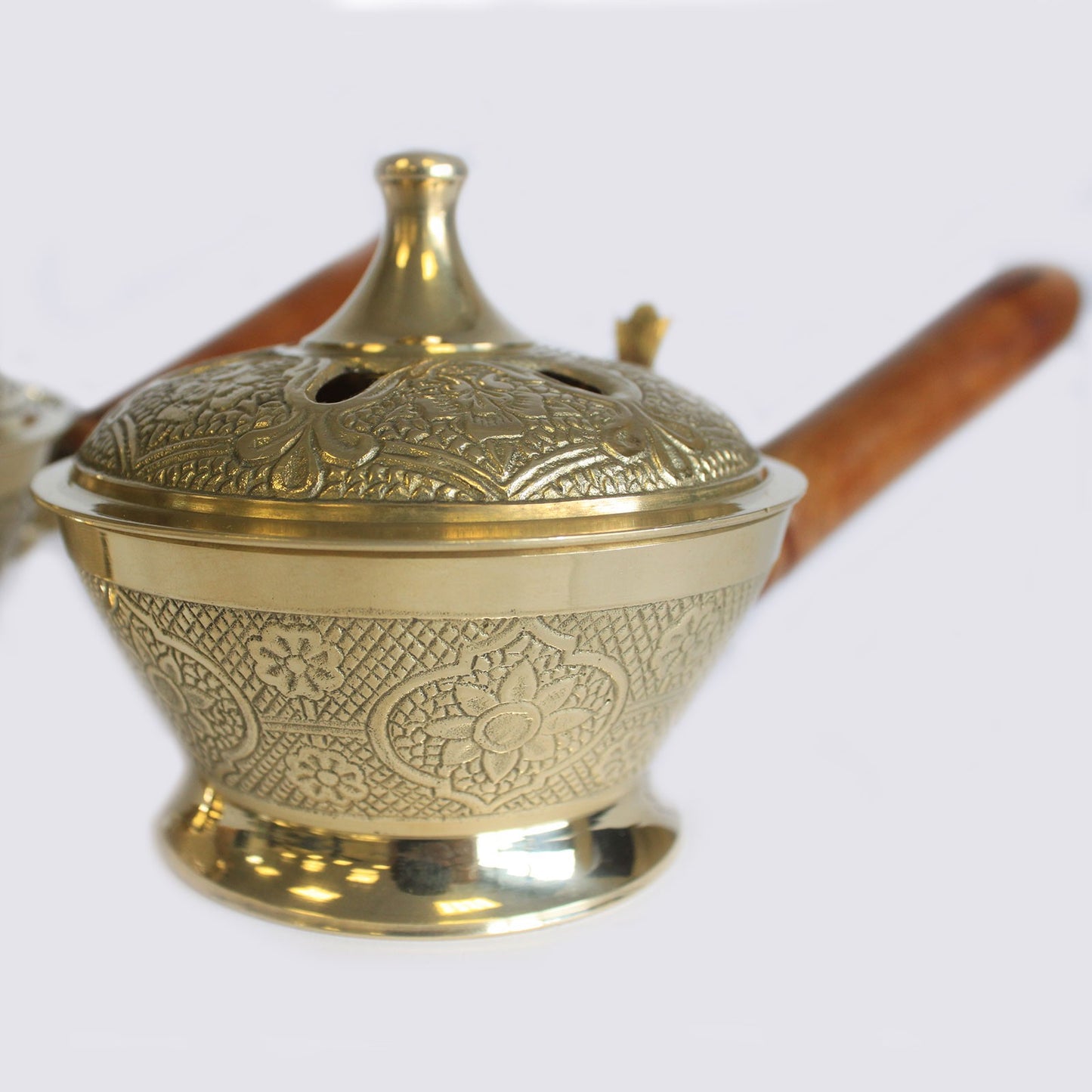 Brass Censer with Wooden Handle – Ornate | Solid Polished Brass Incense Burner
