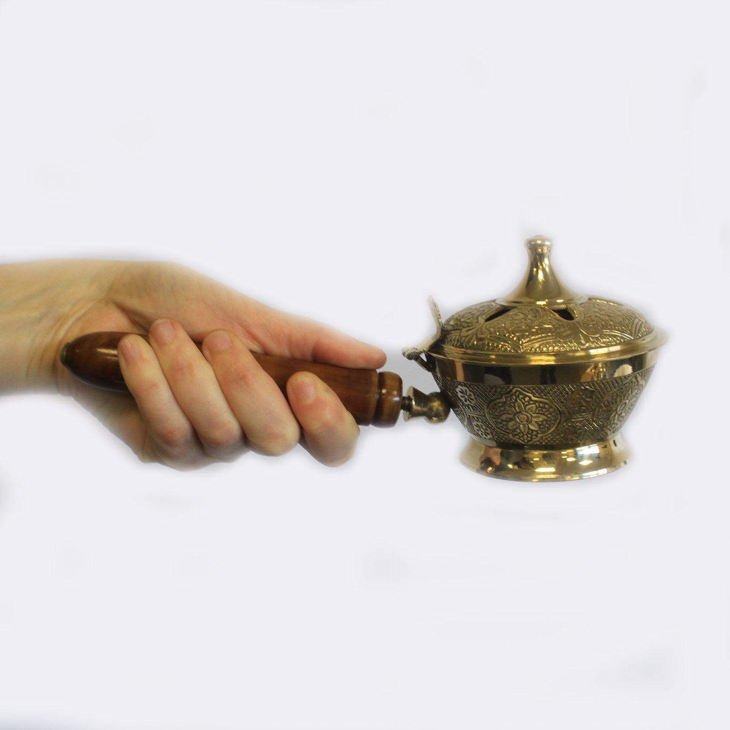 Brass Censer with Wooden Handle – Ornate | Solid Polished Brass Incense Burner