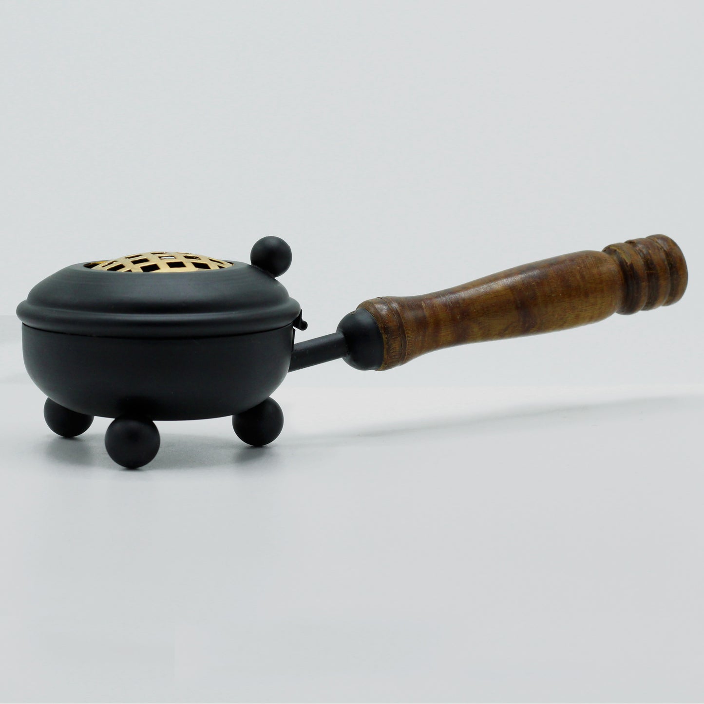 Iron Incense Burner with Wooden Handle – Medium Censer | Handcrafted & Gold Design