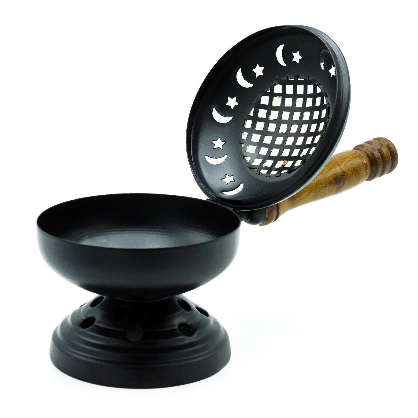 Iron Incense Burner with Wooden Handle – Large Censer with Stand | Handcrafted Star & Moon Design