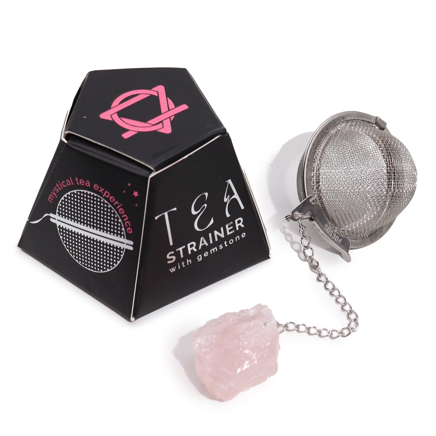 Raw Gemstone Tea Strainer – Rose Quartz | Stainless Steel Infuser with Natural Crystal