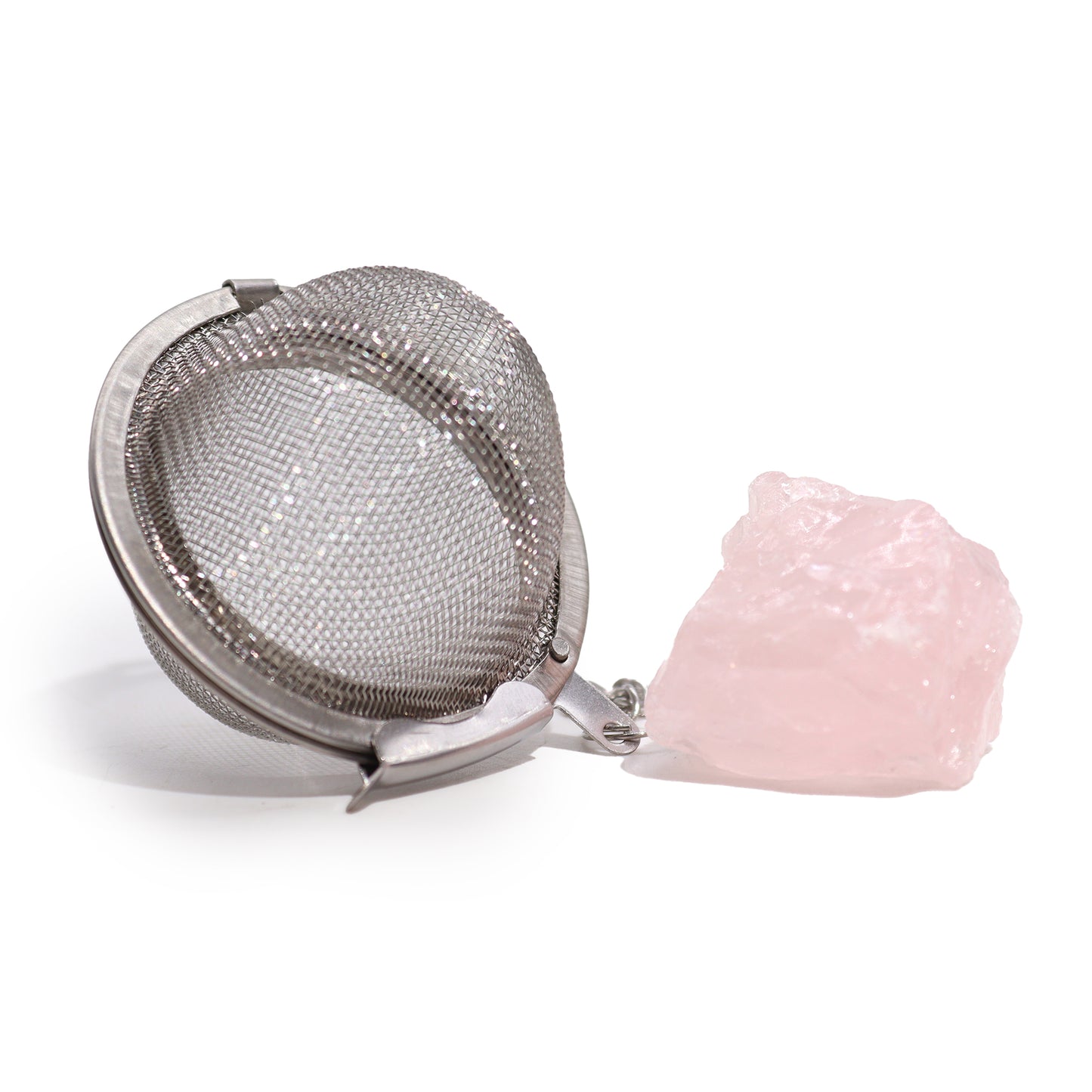 Raw Gemstone Tea Strainer – Rose Quartz | Stainless Steel Infuser with Natural Crystal