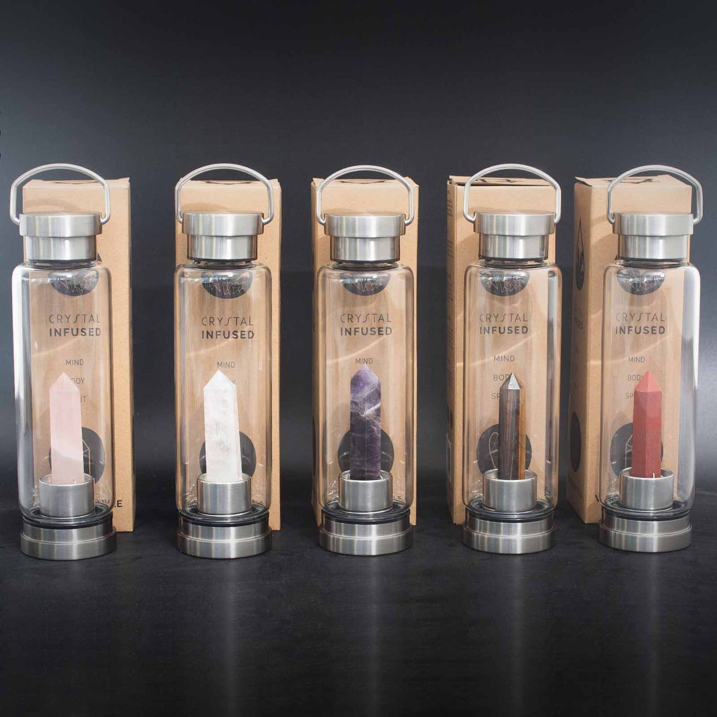 Tiger's Eye Obelisk Crystal Infused Glass Bottle – 500ml | Stainless Steel Cap & Base