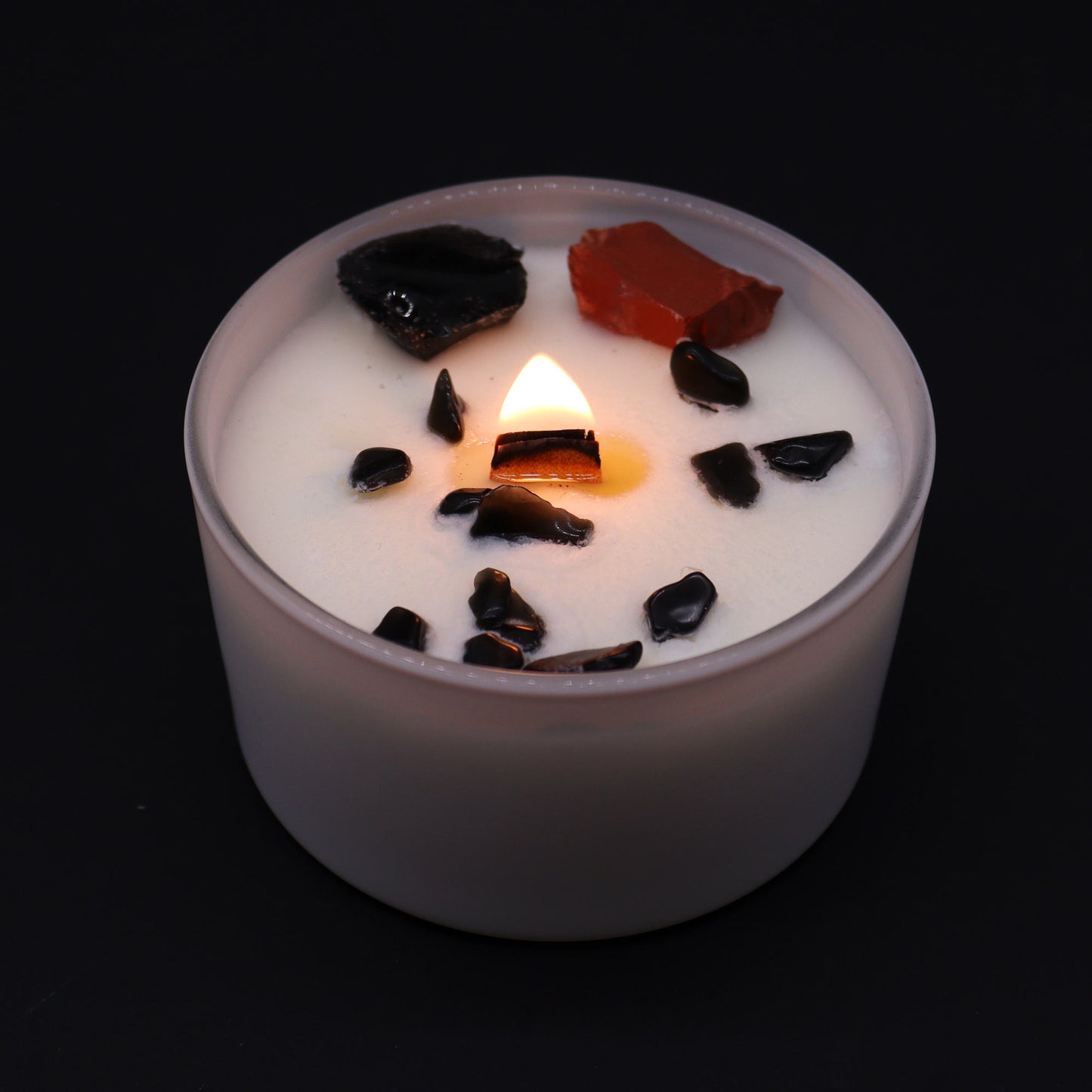 Root Chakra Crystal Candle – 360g | Black Oudh Fragrance with Red Jasper & Black Agate