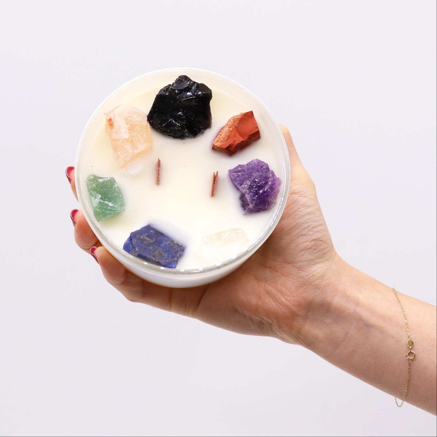 Seven Chakra Large Crystal Candle – 640g | Moon Beams Fragrance with Seven Gemstones