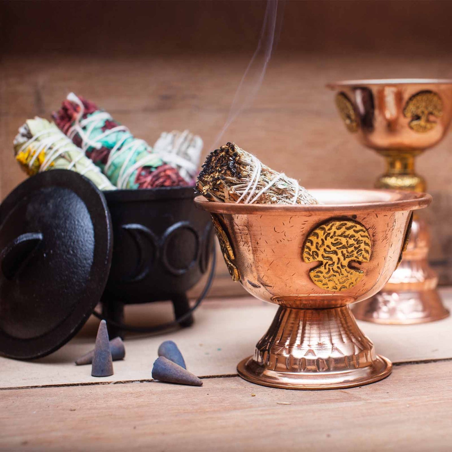 Copper-Tone Ritual Offering Goblet – Tree of Life Design | Vessel for Incense & Ritual Use