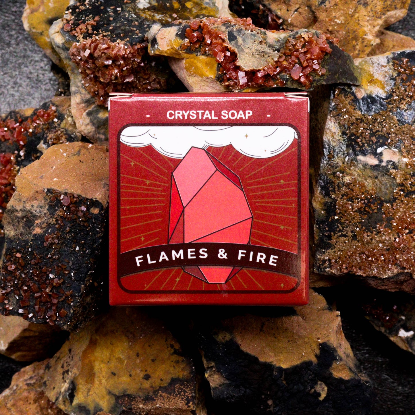Crystal Fire Elemental Soap Bar – Flames & Fire | Hidden Red Carnelian, Red Jasper or Yellow Aventurine