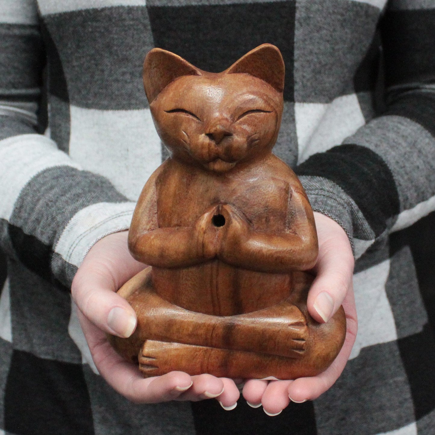 Yoga Cat Incense Burner – Large | Hand-Carved Indonesian Suar Wood