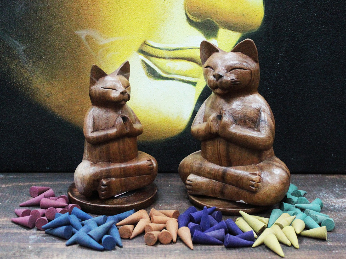 Yoga Cat Incense Burner – Medium | Hand-Carved Indonesian Suar Wood