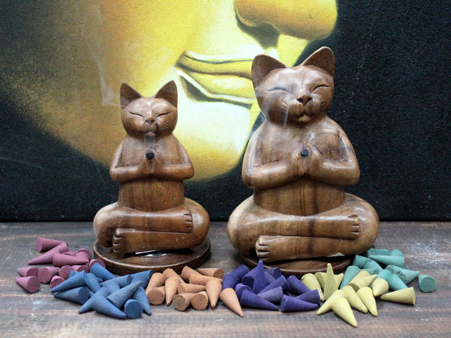 Yoga Cat Incense Burner – Medium | Hand-Carved Indonesian Suar Wood