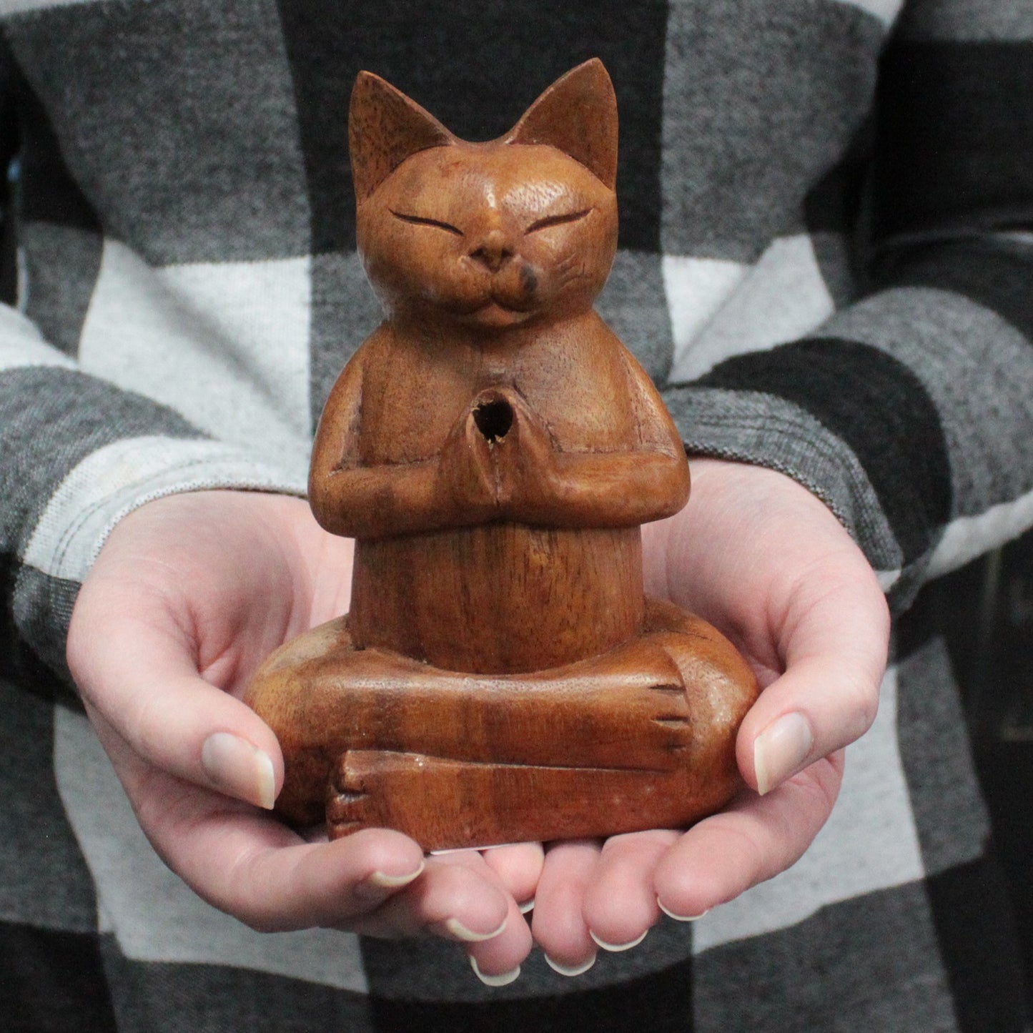 Yoga Cat Incense Burner – Medium | Hand-Carved Indonesian Suar Wood