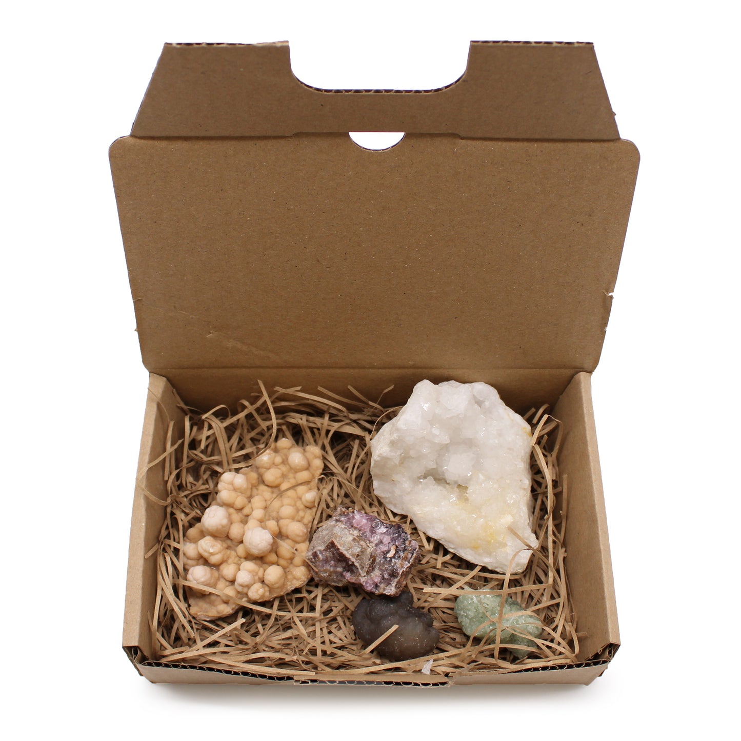 5-Pack Rare Mineral Specimens – Mix 1 | Flower Calcite, Calcite, Cobalt Calcite, Prehnite & Chalcedony