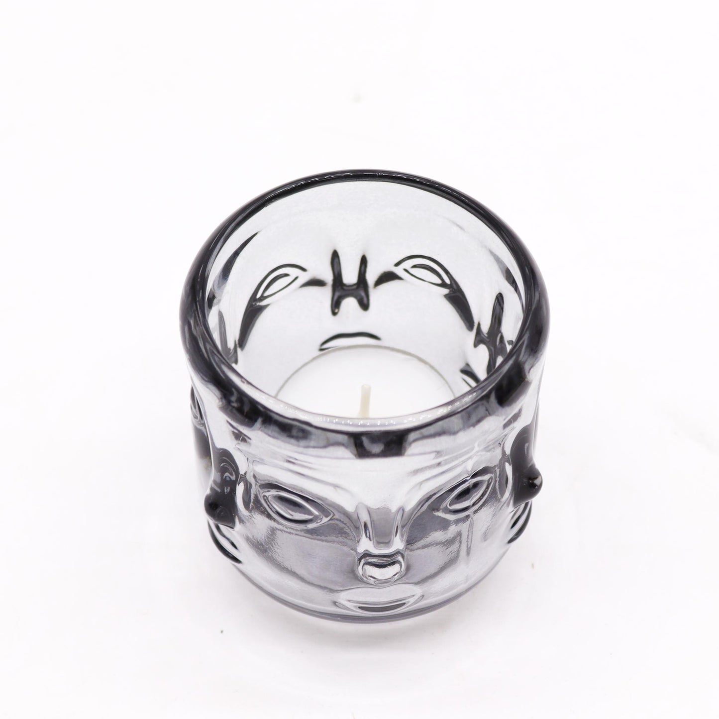 Buddha Face Pressed Glass Candle Holder – Midnight Grey | Fits Tea Lights