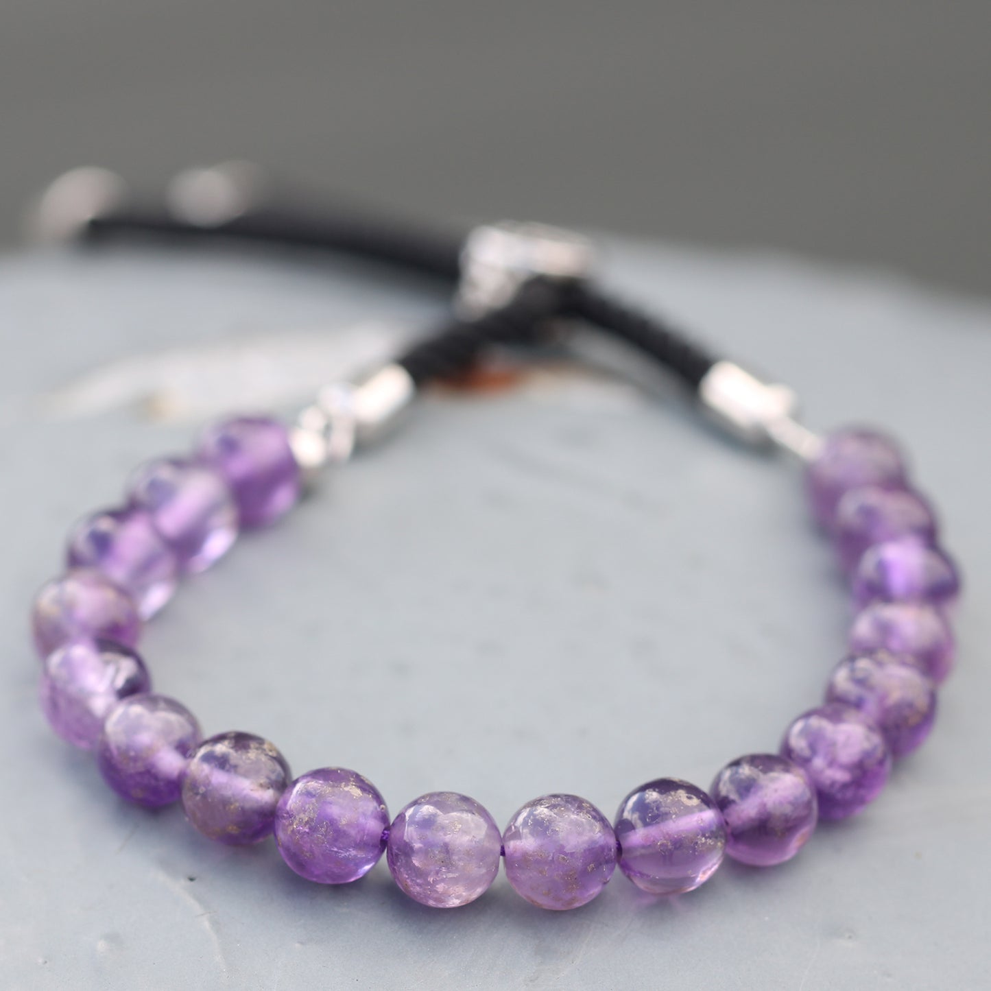 String Gemstone Bracelet – Amethyst | Black Rope with 925 Silver-Plated Sliding Toggle