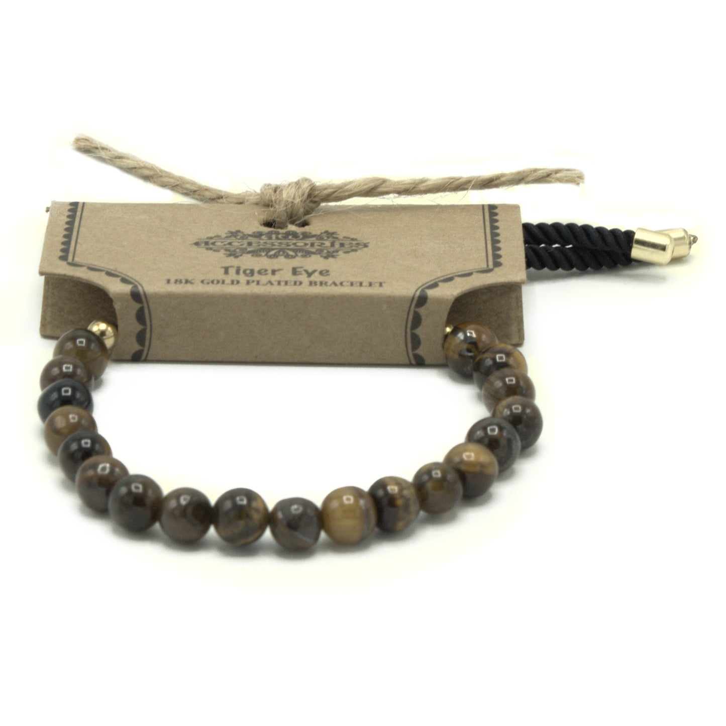String Gemstone Bracelet – Tiger's Eye | Black Rope with 18K Golden-Plated Sliding Toggle