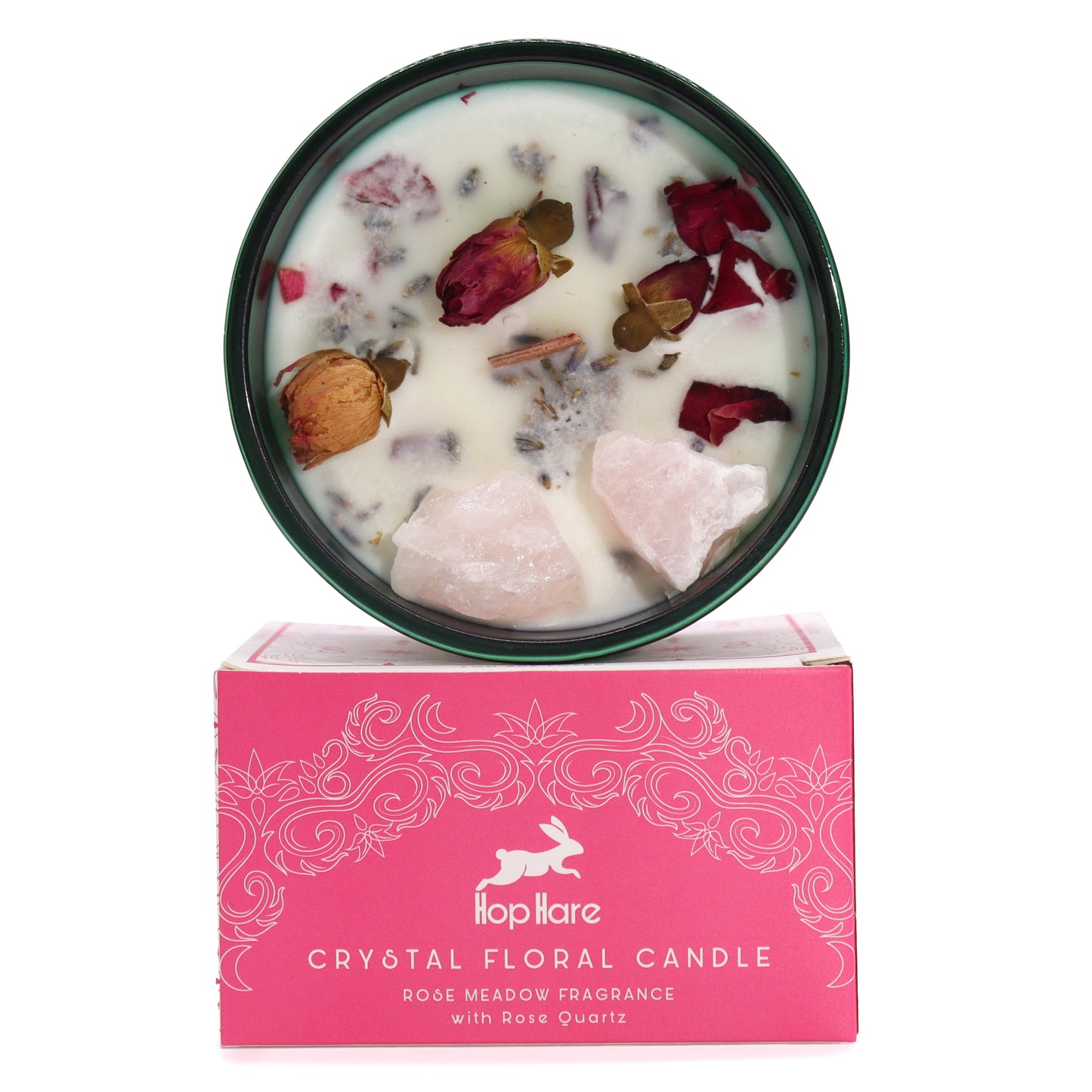 The Lovers Hop Hare Crystal Floral Candle – 330g | Rose Meadow Fragrance with Rose Quartz