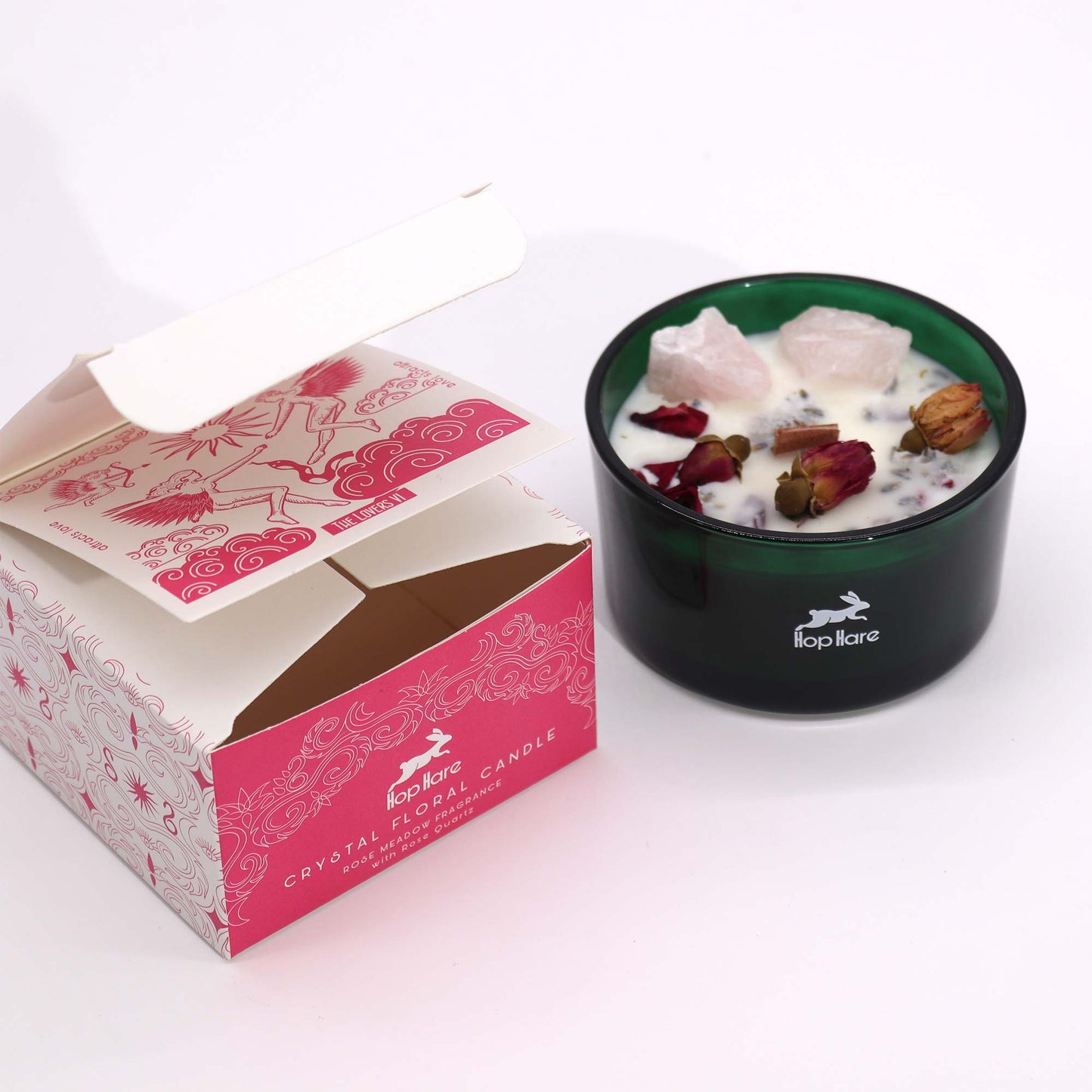 The Lovers Hop Hare Crystal Floral Candle – 330g | Rose Meadow Fragrance with Rose Quartz