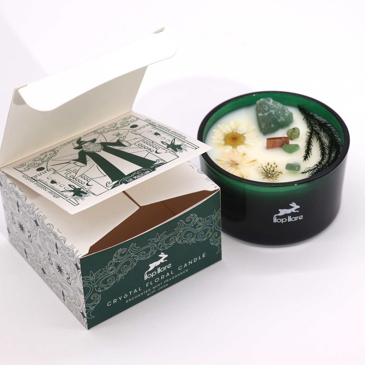 The Magician Hop Hare Crystal Floral Candle – 330g | Enchanted Mint Fragrance with Jade