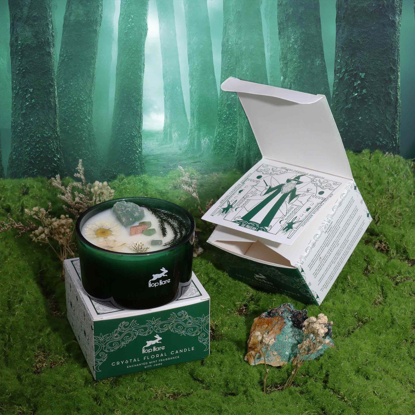 The Magician Hop Hare Crystal Floral Candle – 330g | Enchanted Mint Fragrance with Jade